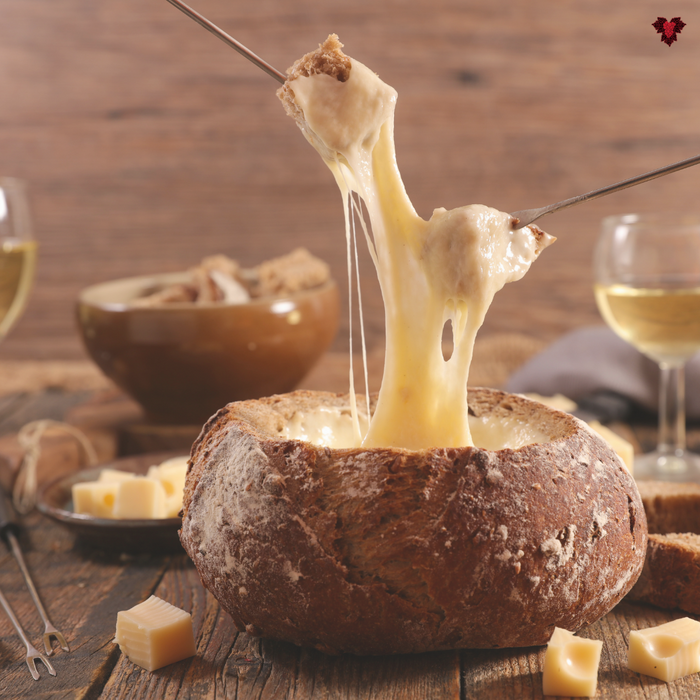 Kaasfondue met alcoholvrije wijn en bubbels