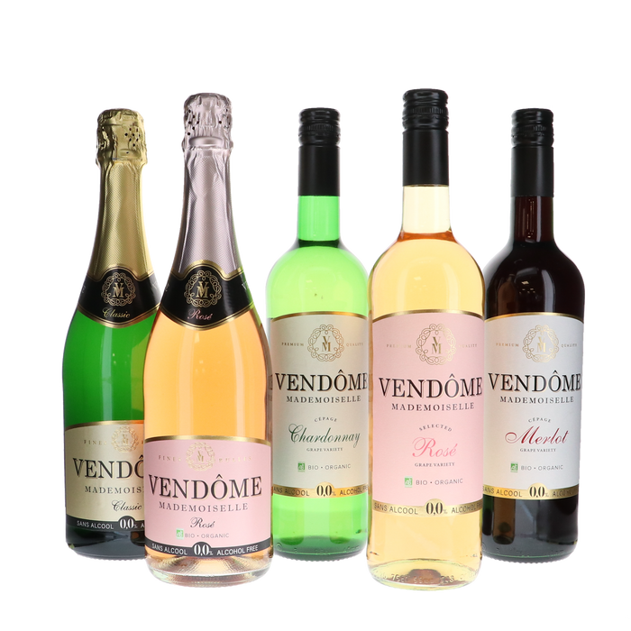 Proefpakket Vendôme Mademoiselle alcoholvrije wijnen: wit, rosé, rood, sparkling, Airèn, Tempranillo, Merlot, La Mancha