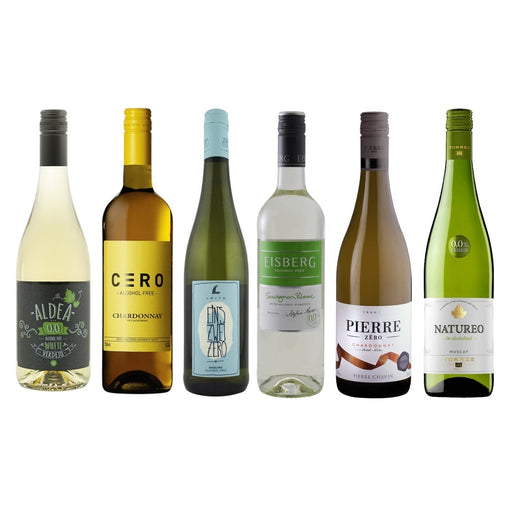 Proefpakket alcoholvrije witte wijnen met Aldea, Cero, Leitz, Eisberg, Pierre Zero Chardonnay, Torres Natureo Muscat.