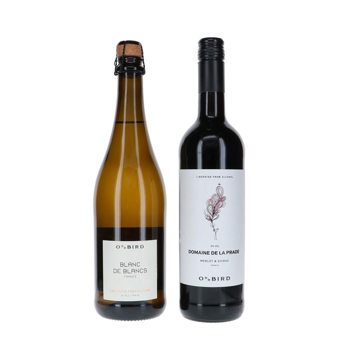 Exclusief Oddbird Pakket met alcoholvrije wijnen: Blanc de Blancs, Merlot & Syrah, en Chardonnay. 