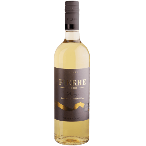 Fles Pierre Zero Prestige Moelleux witte alcoholvrije wijn met gouden kleur en aroma's van perziken en witte bloemen.